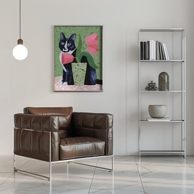 Barry With Pink Tulips And Pattern - Stretched Canvas, Poster or Fine Art Print I Heart Wall Art