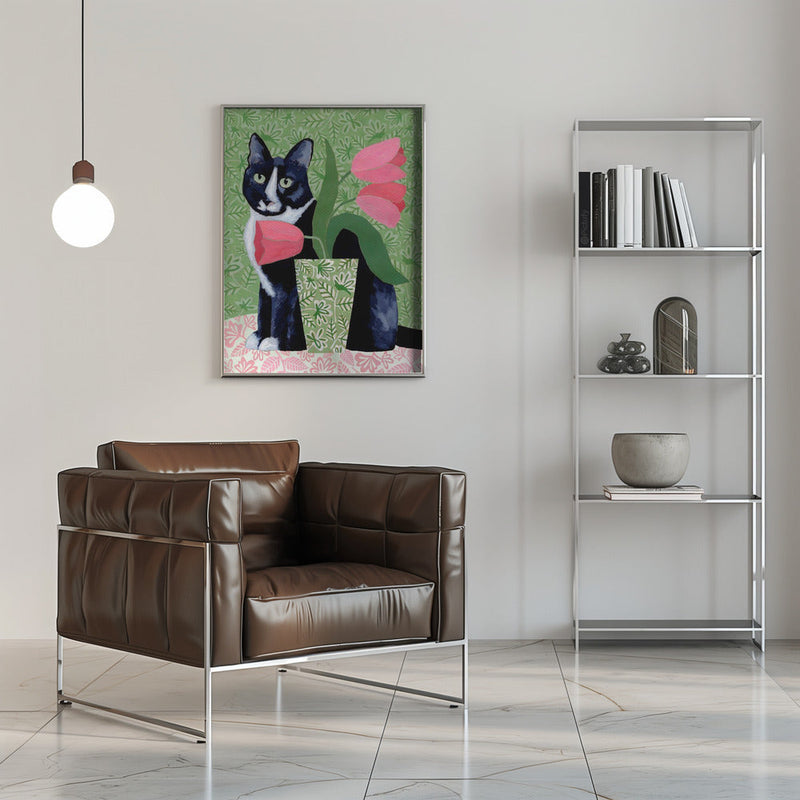 Barry With Pink Tulips And Pattern - Stretched Canvas, Poster or Fine Art Print I Heart Wall Art