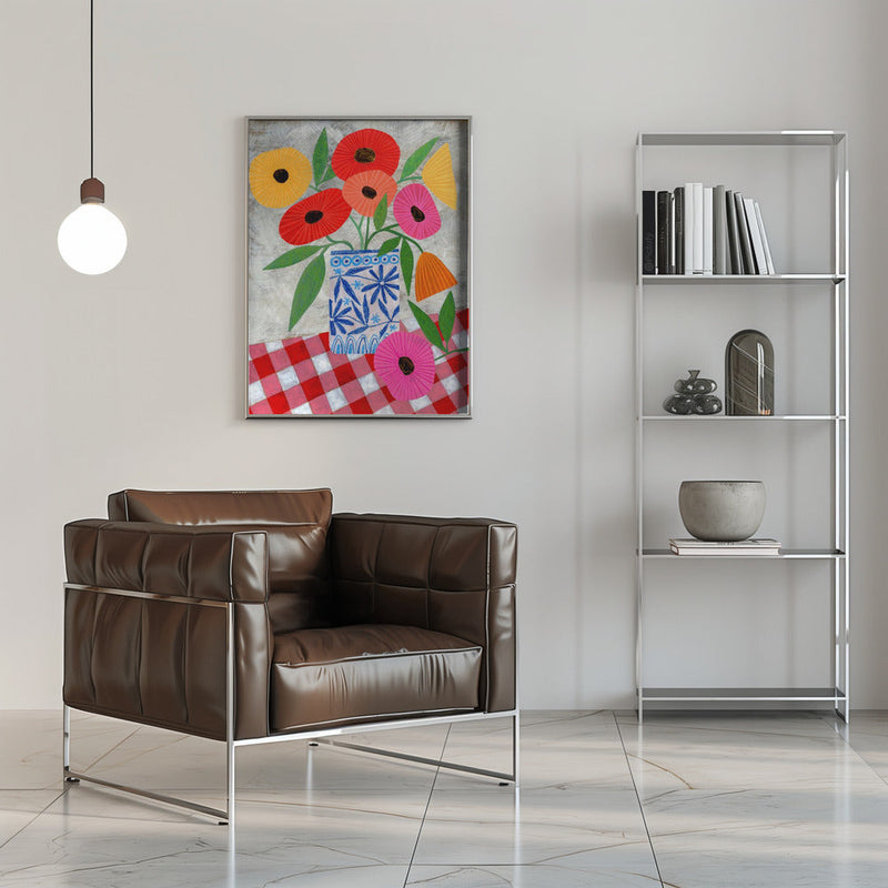 Poppies In A Patterned Vase - Stretched Canvas, Poster or Fine Art Print I Heart Wall Art