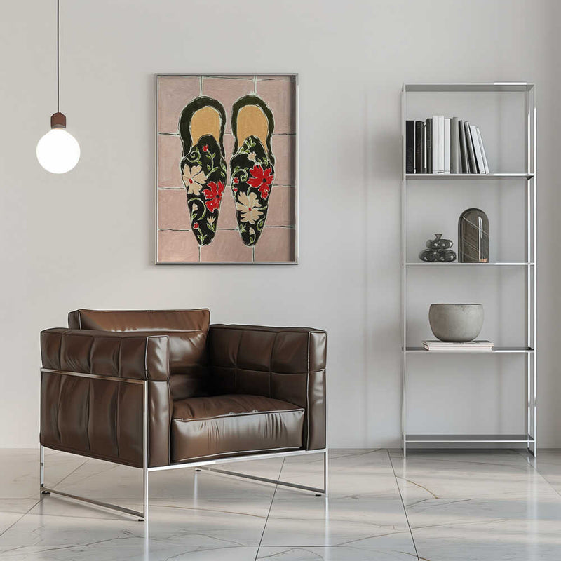 Black Shoes On Pink Tiles - Stretched Canvas, Poster or Fine Art Print