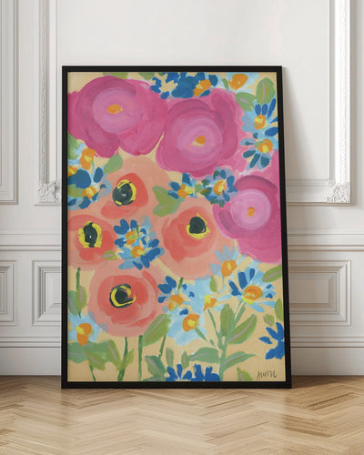 Pink Roses And Coral Anemones - Stretched Canvas, Poster or Fine Art Print I Heart Wall Art