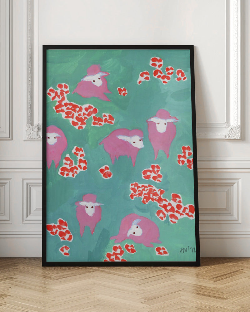 Pink Sheep On A Green Meadow - Stretched Canvas, Poster or Fine Art Print I Heart Wall Art