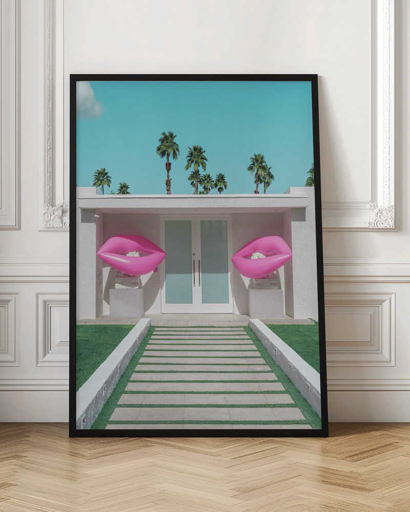 Mid-Century Modern House with Pink Lips - Stretched Canvas, Poster or Fine Art Print I Heart Wall Art