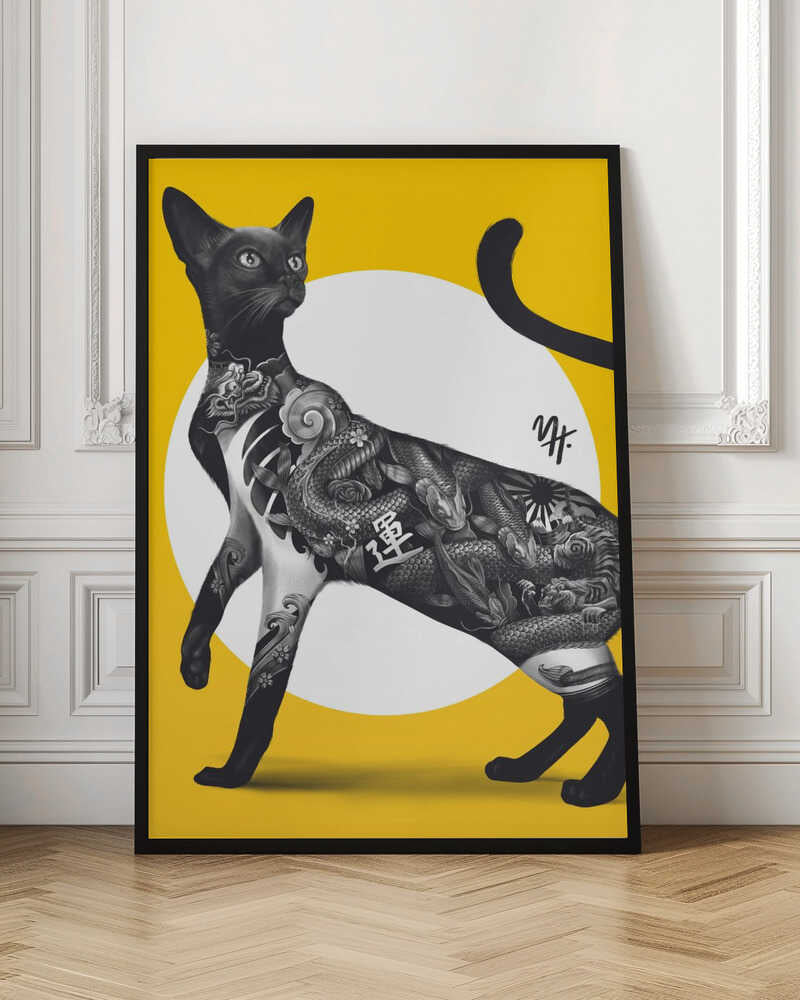 Japanese Cat Tattoo Yellow - Stretched Canvas, Poster or Fine Art Print