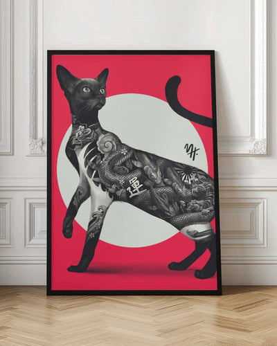 Japanese Cat Tattoo Red - Stretched Canvas, Poster or Fine Art Print