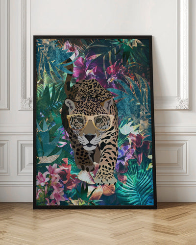 Tropical Jungle Jaguar in glasses - Stretched Canvas, Poster or Fine Art Print I Heart Wall Art
