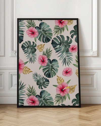 Monstera and Hibiscus Pattern - Stretched Canvas, Poster or Fine Art Print I Heart Wall Art