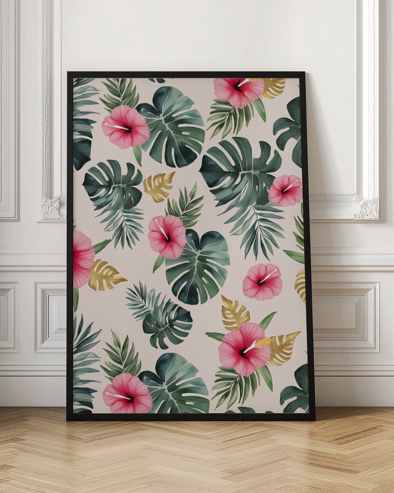 Monstera and Hibiscus Pattern - Stretched Canvas, Poster or Fine Art Print I Heart Wall Art
