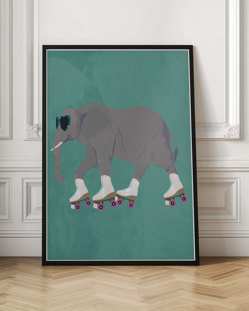 Elephant Rollerskating teal - Stretched Canvas, Poster or Fine Art Print I Heart Wall Art