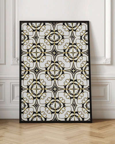 Geometric Pattern with Intricate Black and White Floral Motifs - Stretched Canvas, Poster or Fine Art Print I Heart Wall Art