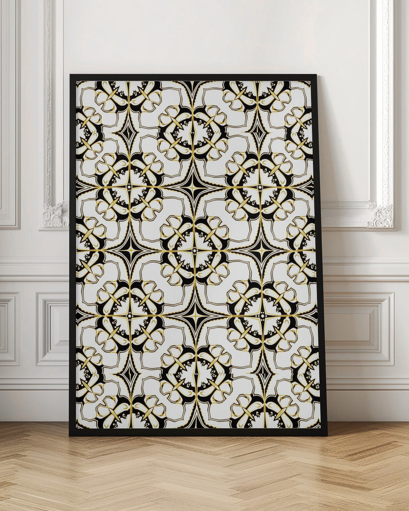 Geometric Pattern with Intricate Black and White Floral Motifs - Stretched Canvas, Poster or Fine Art Print I Heart Wall Art