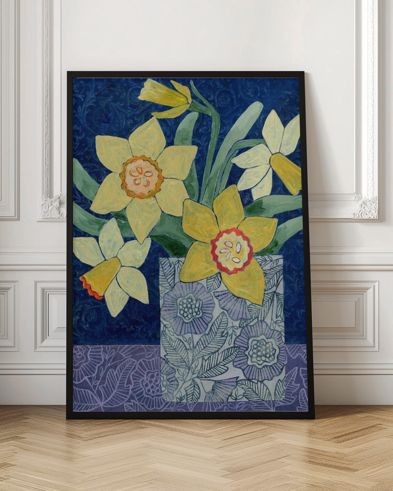Daffodils In A Patterned Vase - Stretched Canvas, Poster or Fine Art Print I Heart Wall Art