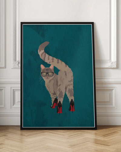 Cat in heels turquoise - Stretched Canvas, Poster or Fine Art Print I Heart Wall Art
