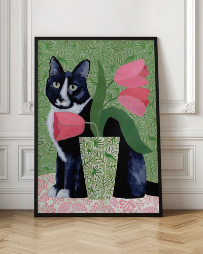 Barry With Pink Tulips And Pattern - Stretched Canvas, Poster or Fine Art Print I Heart Wall Art
