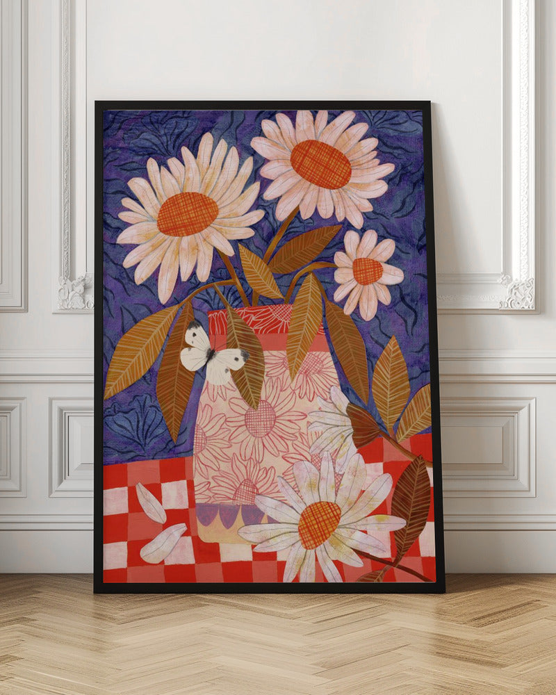Daisies In A Patterned Vase - Stretched Canvas, Poster or Fine Art Print I Heart Wall Art