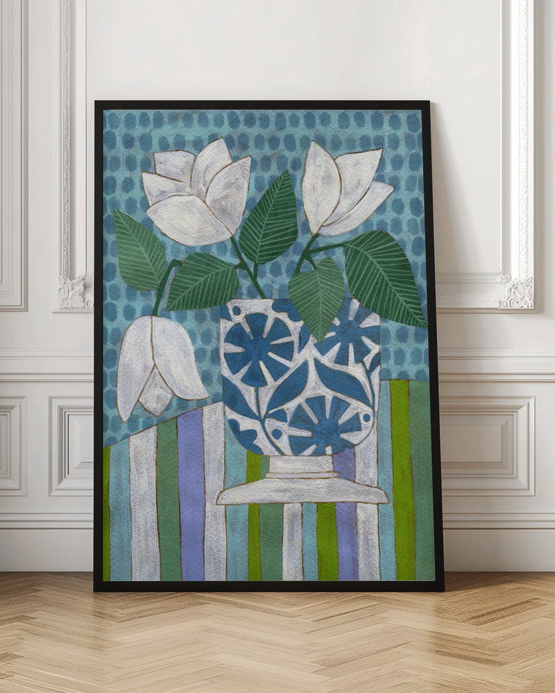 White Flowers In A Patterned Vase - Stretched Canvas, Poster or Fine Art Print I Heart Wall Art
