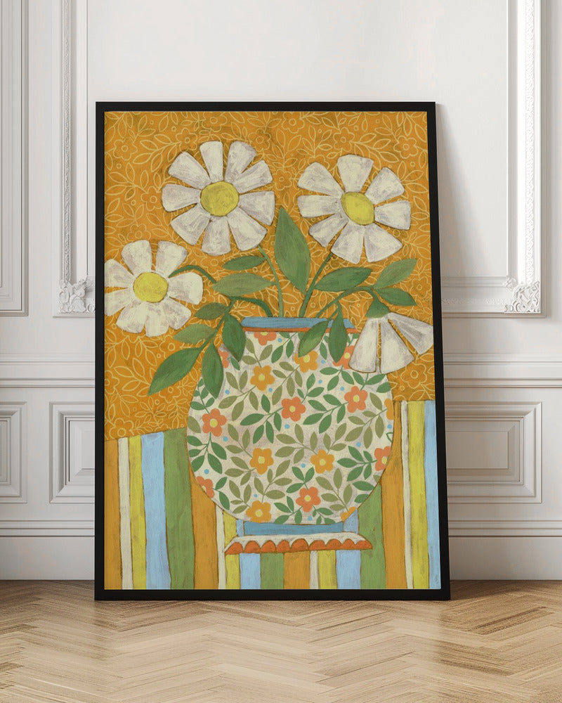 White Daisies In A Patterned Vase - Stretched Canvas, Poster or Fine Art Print I Heart Wall Art