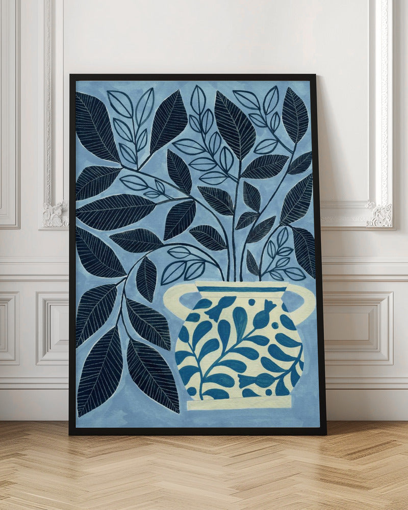 Stylized Blue Leaves In A Decorative Vase - Stretched Canvas, Poster or Fine Art Print I Heart Wall Art