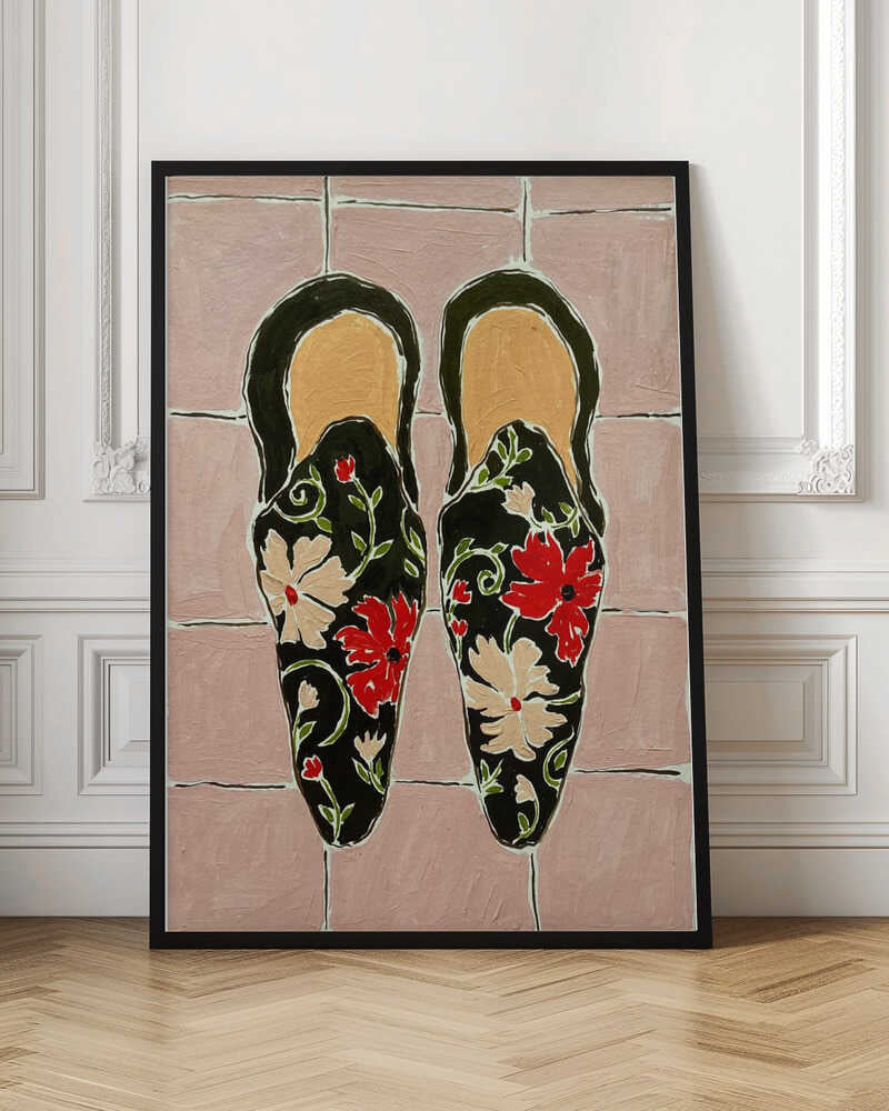 Black Shoes On Pink Tiles - Stretched Canvas, Poster or Fine Art Print