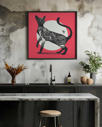Japanese Cat Tattoo Red - Square Stretched Canvas, Poster or Fine Art Print