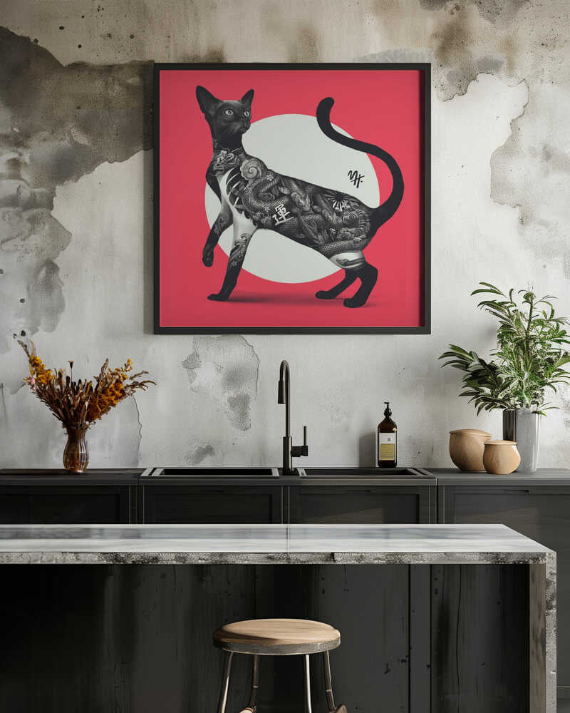 Japanese Cat Tattoo Red - Square Stretched Canvas, Poster or Fine Art Print