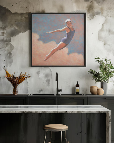 High Diver In Soft Clouds - Square Stretched Canvas, Poster or Fine Art Print I Heart Wall Art