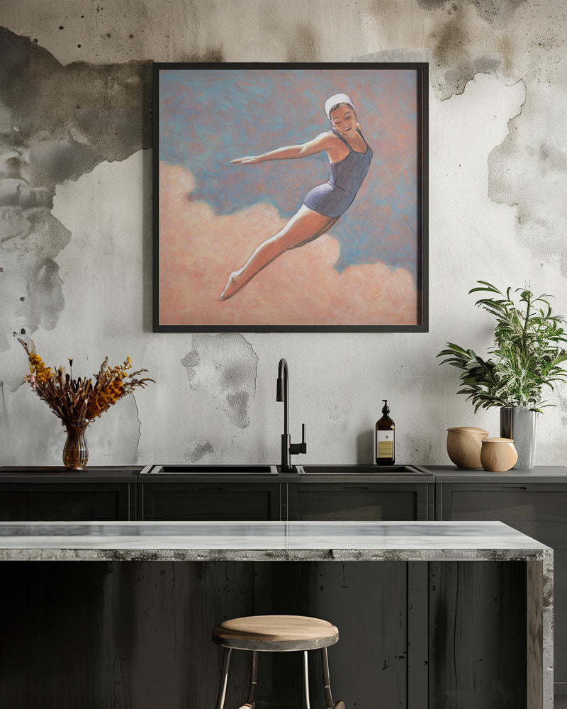 High Diver In Soft Clouds - Square Stretched Canvas, Poster or Fine Art Print I Heart Wall Art