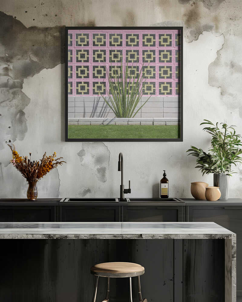 Mid-Century Breeze Block Wall with Cactus in Palm Springs, California - Square Stretched Canvas, Poster or Fine Art Print I Heart Wall Art