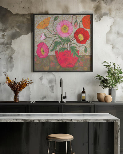 Colorful Poppies In A Red Vase - Square Stretched Canvas, Poster or Fine Art Print I Heart Wall Art