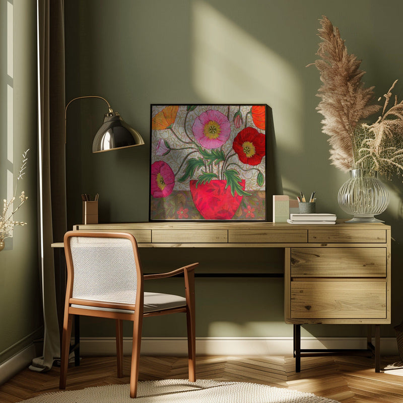 Colorful Poppies In A Red Vase - Square Stretched Canvas, Poster or Fine Art Print I Heart Wall Art
