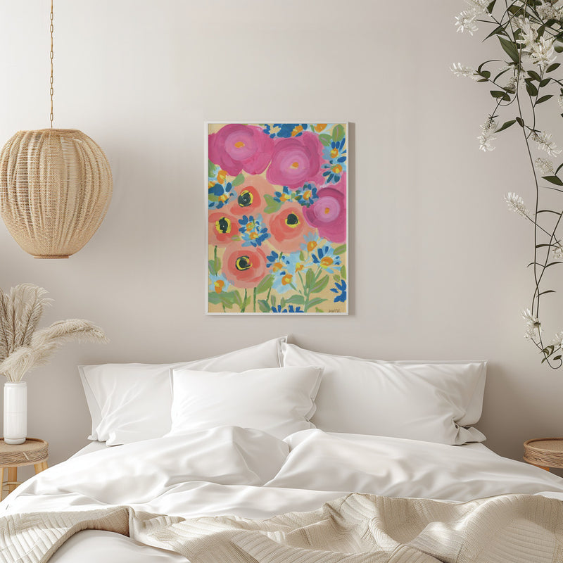 Pink Roses And Coral Anemones - Stretched Canvas, Poster or Fine Art Print I Heart Wall Art