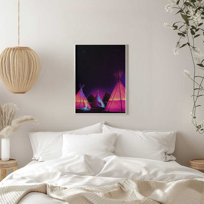 Vaporwave Teepees Glowing at Night Under Stars In Marfa Texas - Stretched Canvas, Poster or Fine Art Print I Heart Wall Art