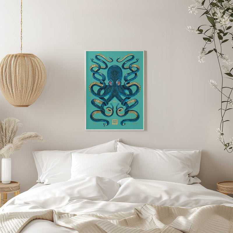 Octopus Blue & Gold - Stretched Canvas, Poster or Fine Art Print