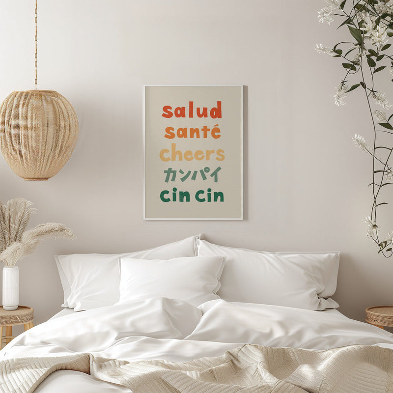Cheers Typography - Salud Santé Cheers Kanpai Cin cin - Stretched Canvas, Poster or Fine Art Print I Heart Wall Art