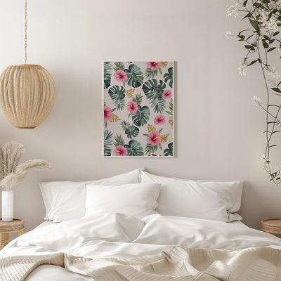 Monstera and Hibiscus Pattern - Stretched Canvas, Poster or Fine Art Print I Heart Wall Art