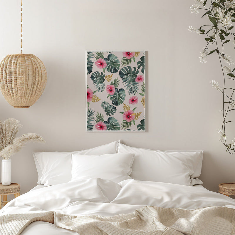 Monstera and Hibiscus Pattern - Stretched Canvas, Poster or Fine Art Print I Heart Wall Art
