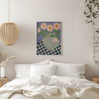 Daisies In An Aqua Blue Vase - Stretched Canvas, Poster or Fine Art Print I Heart Wall Art