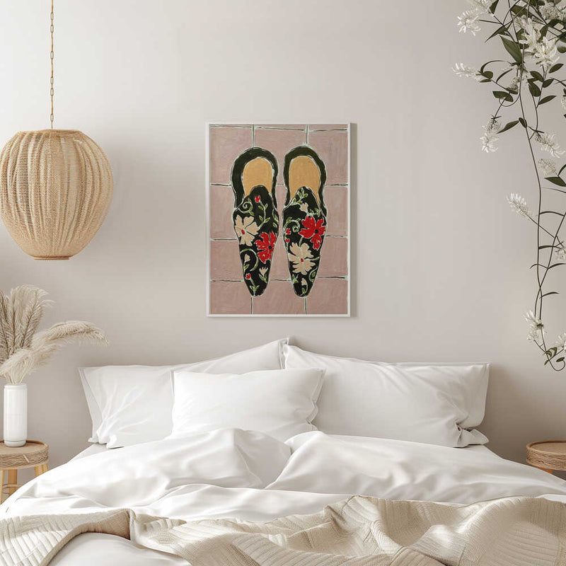 Black Shoes On Pink Tiles - Stretched Canvas, Poster or Fine Art Print