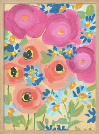 Pink Roses And Coral Anemones - Stretched Canvas, Poster or Fine Art Print I Heart Wall Art