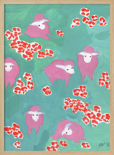 Pink Sheep On A Green Meadow - Stretched Canvas, Poster or Fine Art Print I Heart Wall Art
