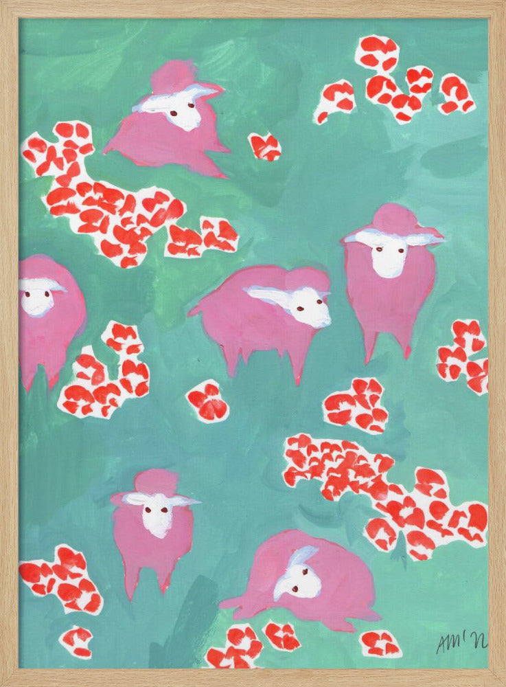 Pink Sheep On A Green Meadow - Stretched Canvas, Poster or Fine Art Print I Heart Wall Art