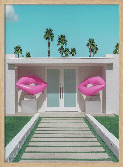 Mid-Century Modern House with Pink Lips - Stretched Canvas, Poster or Fine Art Print I Heart Wall Art