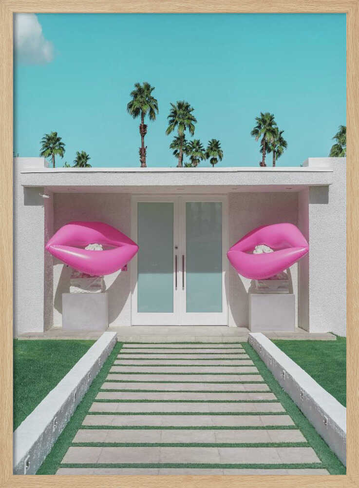 Mid-Century Modern House with Pink Lips - Stretched Canvas, Poster or Fine Art Print I Heart Wall Art