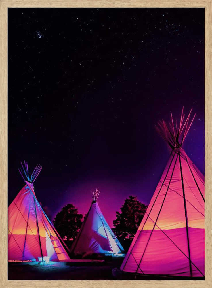 Vaporwave Teepees Glowing at Night Under Stars In Marfa Texas - Stretched Canvas, Poster or Fine Art Print I Heart Wall Art