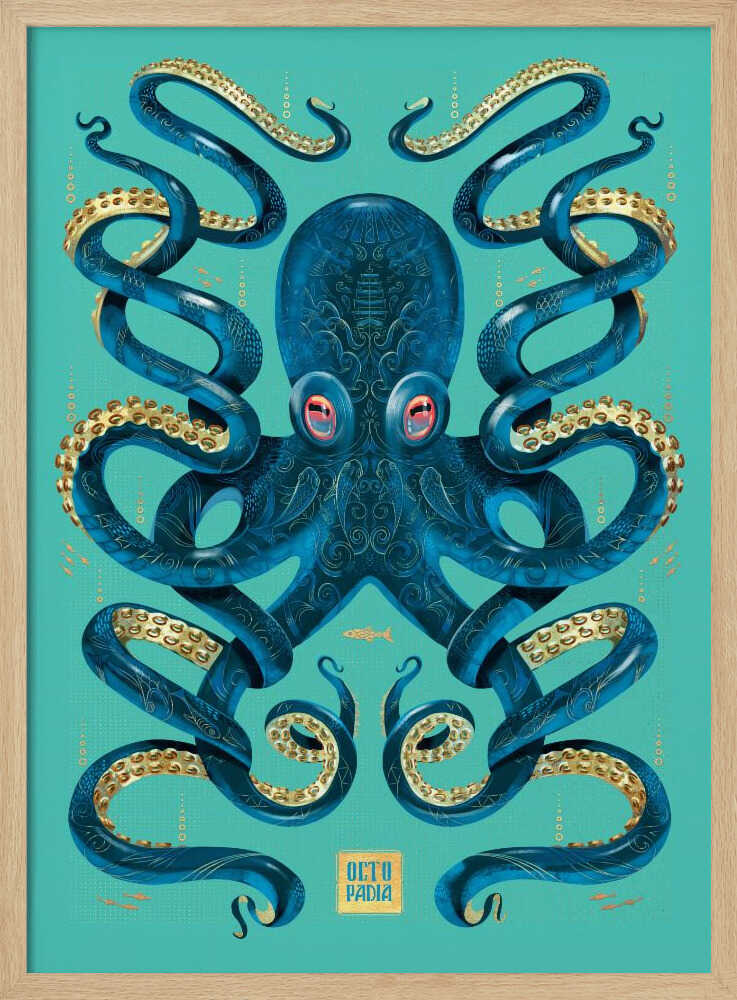 Octopus Blue & Gold - Stretched Canvas, Poster or Fine Art Print