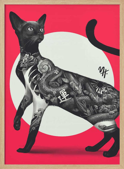 Japanese Cat Tattoo Red - Stretched Canvas, Poster or Fine Art Print
