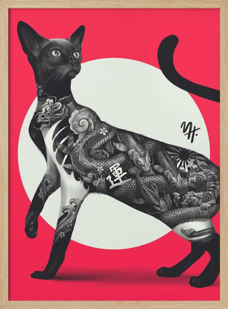 Japanese Cat Tattoo Red - Stretched Canvas, Poster or Fine Art Print