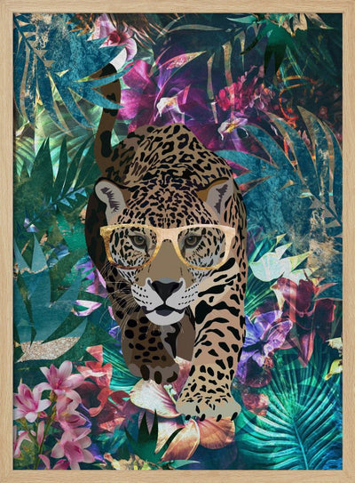 Tropical Jungle Jaguar in glasses - Stretched Canvas, Poster or Fine Art Print I Heart Wall Art