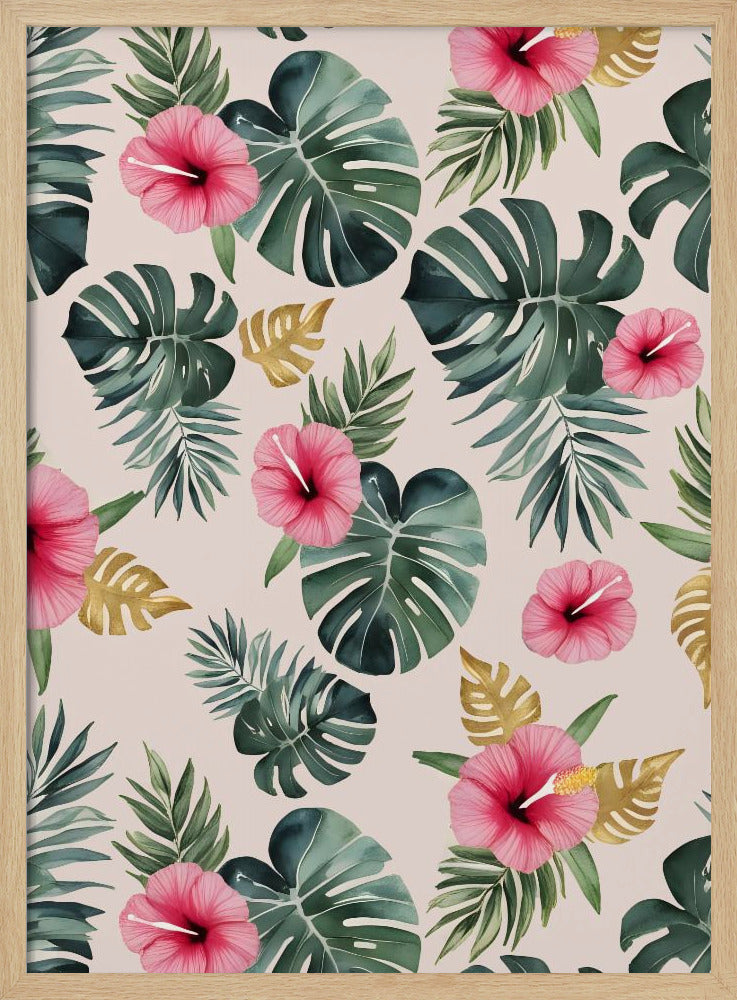 Monstera and Hibiscus Pattern - Stretched Canvas, Poster or Fine Art Print I Heart Wall Art