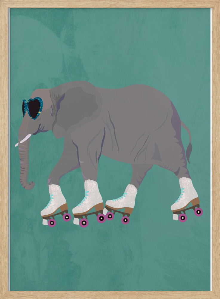 Elephant Rollerskating teal - Stretched Canvas, Poster or Fine Art Print I Heart Wall Art